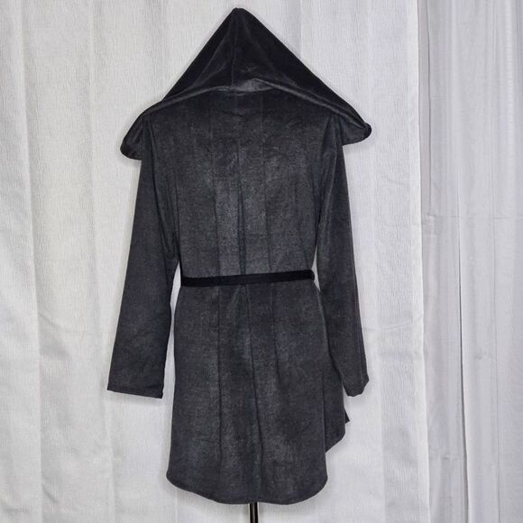 Samuel Dong Two Tone Gray Ruffle Button Front Belted Hooded Sweater Jacket Coat - Picture 4 of 13